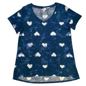 LuLaRoe Navy Blue Short Sleeve V-Neck Heart Print Tee